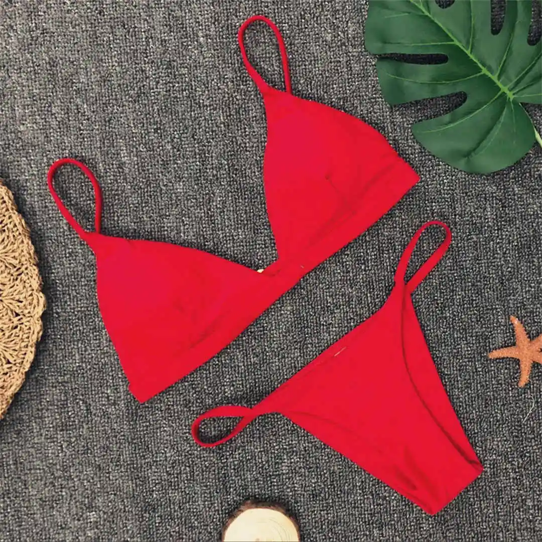 Neuer, verführerischer, gepolsterter brasilianischer Bikini, Damen-Badeanzug, zweiteiliges Bikini-Set, einfarbiger Badeanzug, Damen-Badebekleidung, V64A. – Detail 33