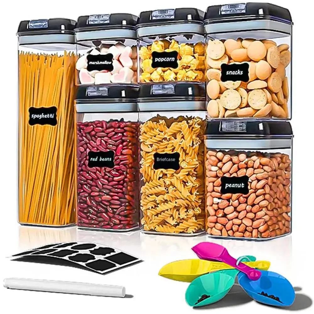 

Kitchen Storage Containers Transparent Plastic Jars Square Sealed Food Canister Seven Piece Set Wholesale Price