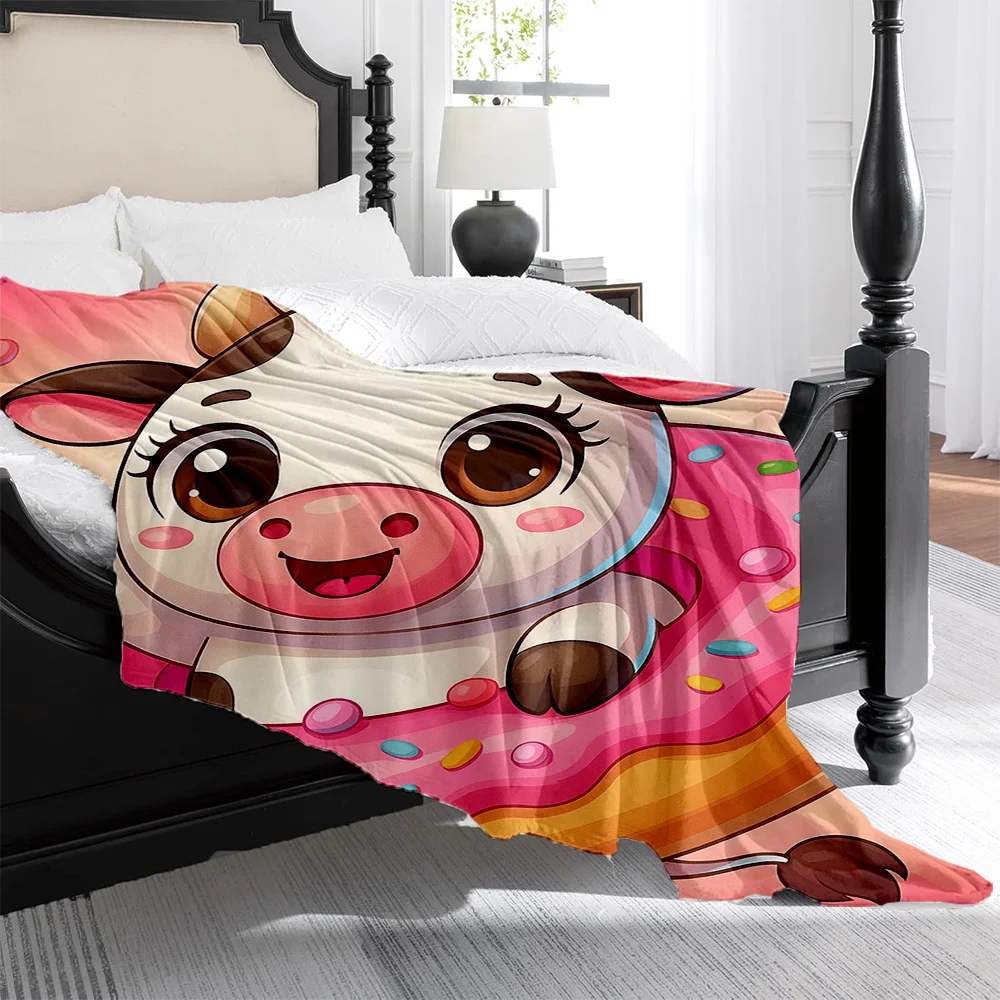 1pc Cute Cow & Donut Plush Fleece Blanket - Pink & White with Brown & Black Cow Print, Soft Quilted Bedspread for /s, All-Season