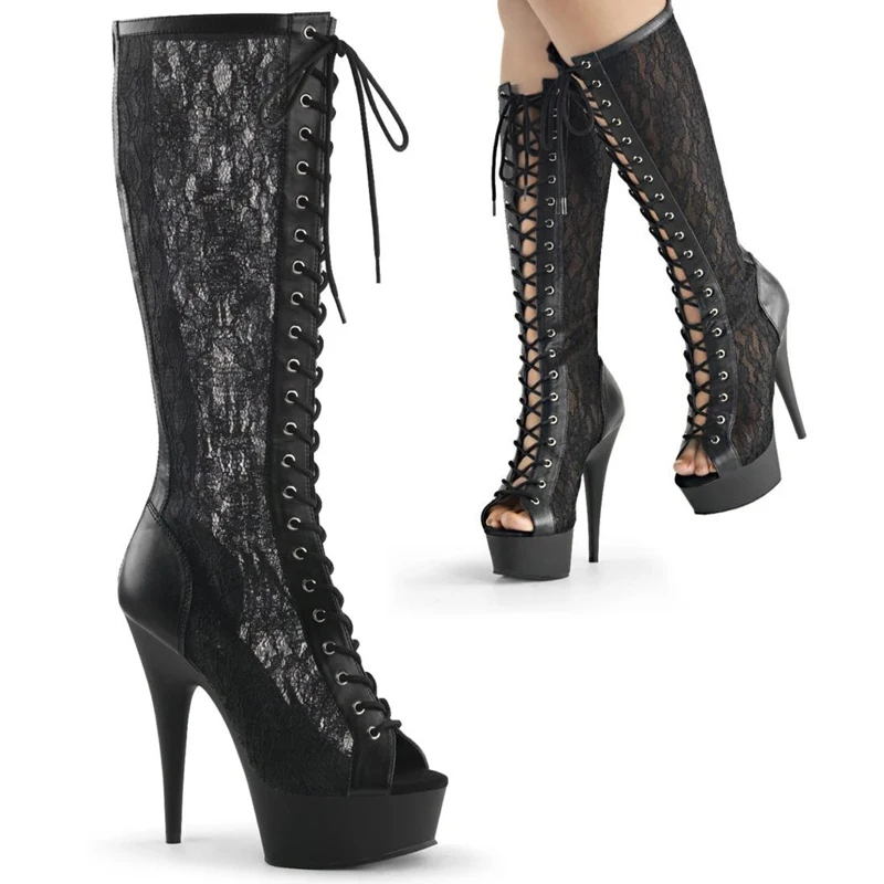 Sexy Black Floral Lace Mesh Patchwork Platform High Heel Middle Boots Super High Heels Women Peep Toe Zipper Stage Boots