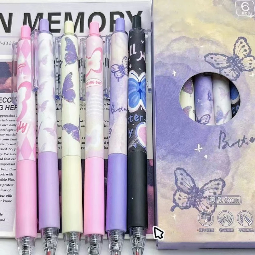 Quick Dry Dream Purple Butterfly Printing 0.5mm Nib Black Ink Pen Set