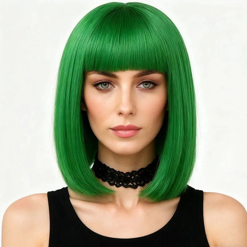 12 inch bob green wig suitable for all women, synthetic fiber non adhesive bangs, natural fluffy style