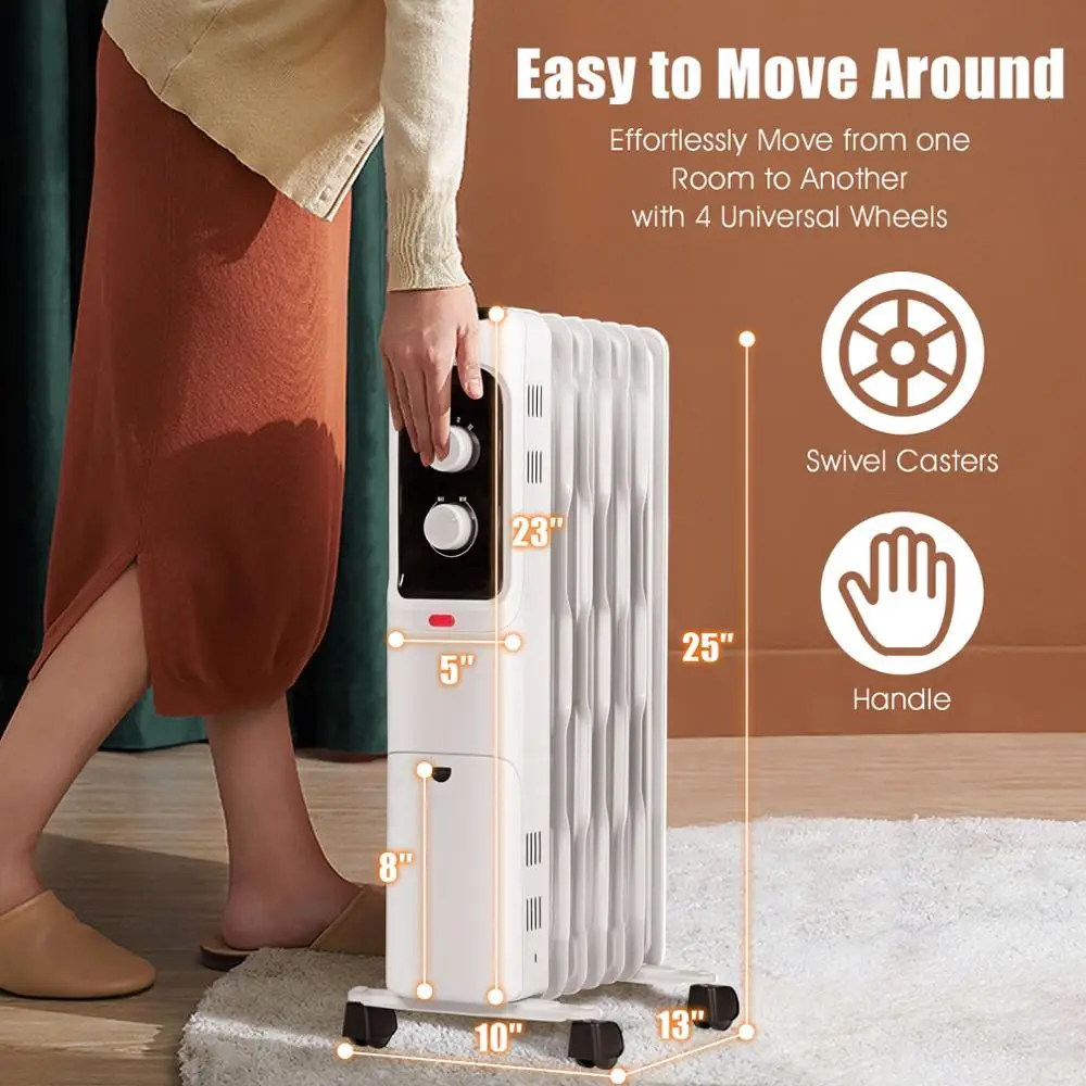 1500W Oil Filled Heater Portable Radiator Space Heater w/ Adjustable Thermostat