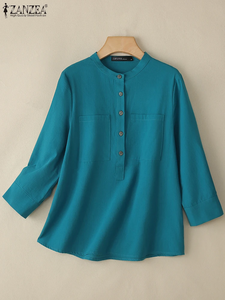 

ZANZEA Casual O-Neck Blusas Mujer Everyday Commute Cotton Linen 3/4 Sleeve Vintage Blouses 2025 Summer Women Solid Tunic Tops