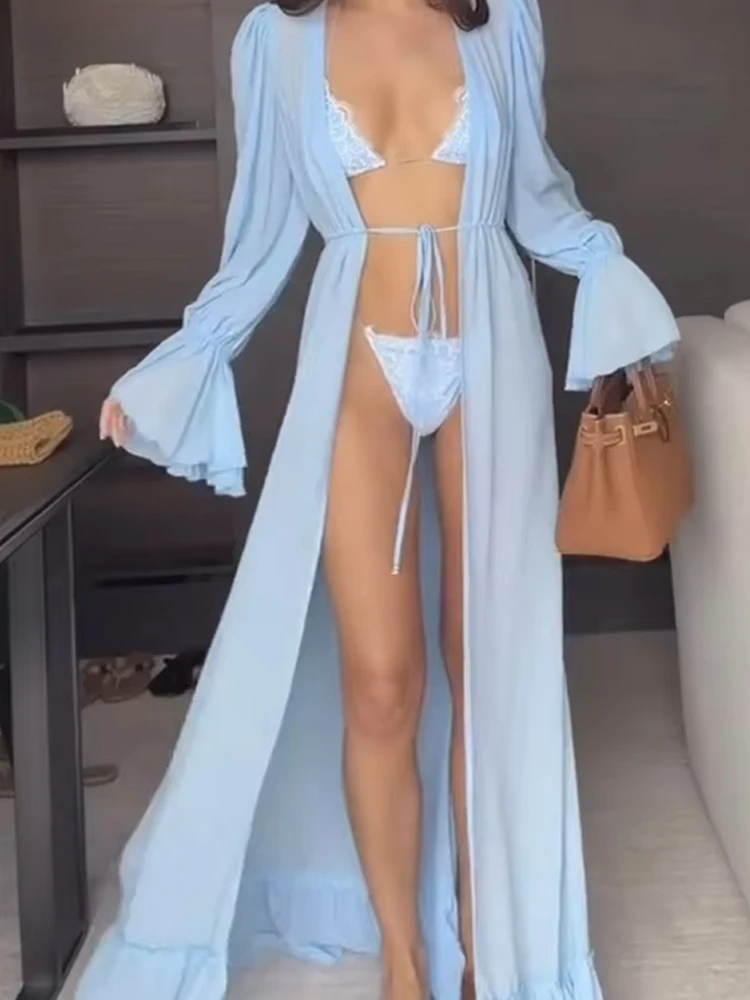 

Women Casual Flared Sleeve Loose Robe Cover Up Summer Fashion Silk Chiffon Cardigan 2026 Spring Elegant V-neck Solid Shawl Coat