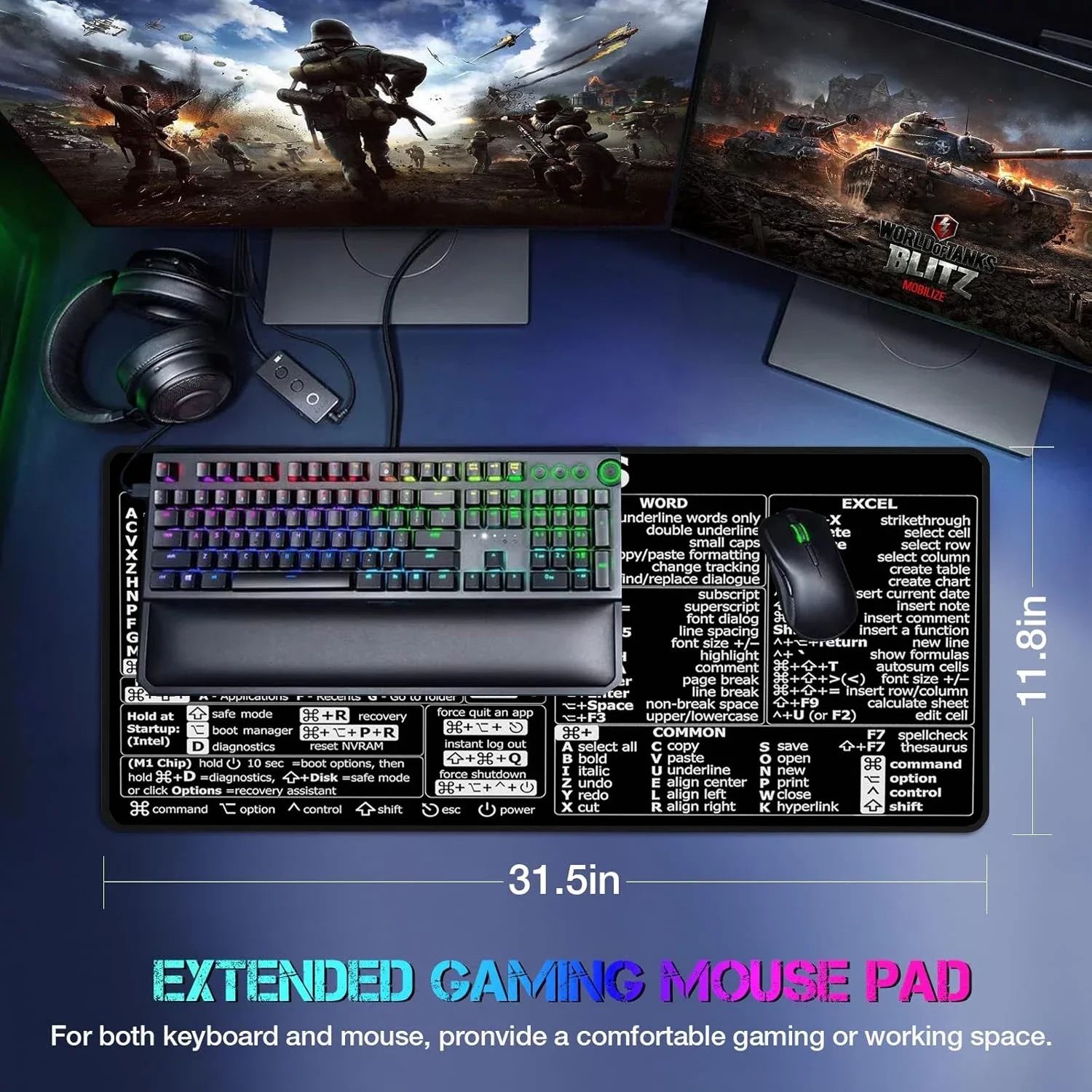 Mac OS Shortcuts Mousepad, Extend Large Desk Mat, Keyboard Mat, Working and Gaming Table Pad Stitched Edge, Gift Mouse Pad