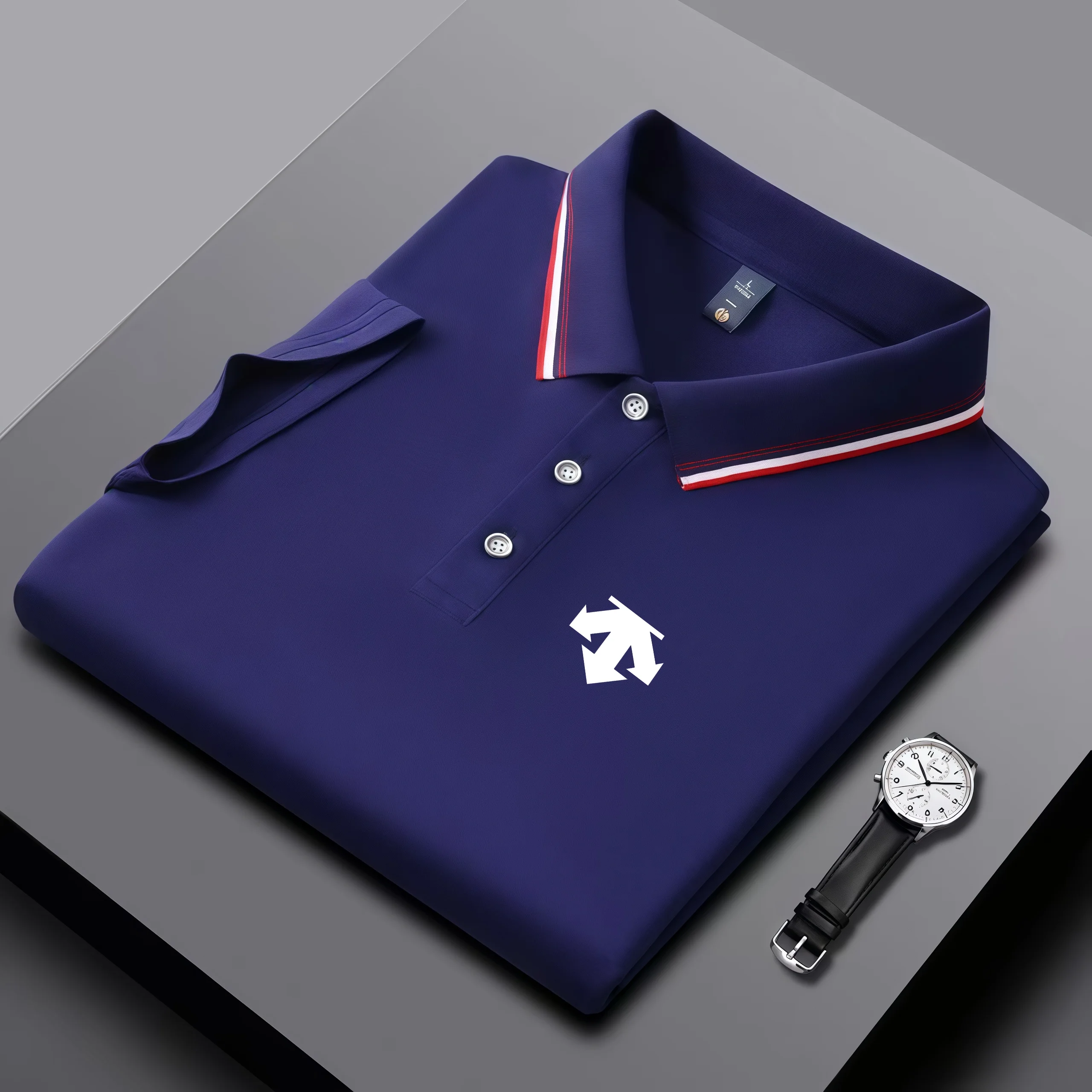 High Quality Smooth Fabric Men Polo Shirts Color Stripe Collar Classic Button Placket Minimal Arrow Logo Daily Wear Office Golf