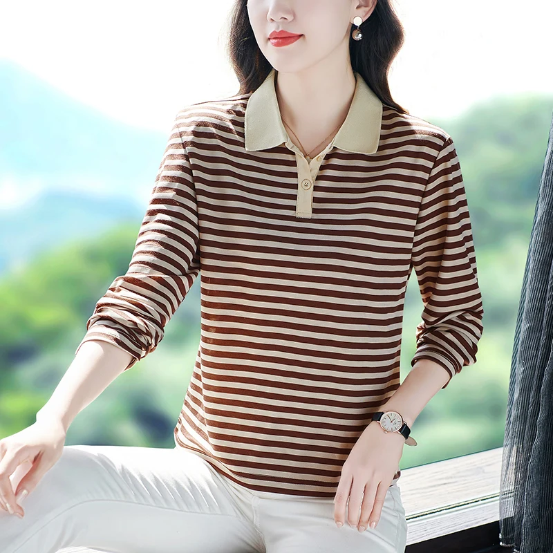 Moeroshe Striped Casual Sports POLO Shirt T-shirt Women's Shirts Trend 2024 Long Sleeve Tops Tee Shirt Femme Marque De Luxe