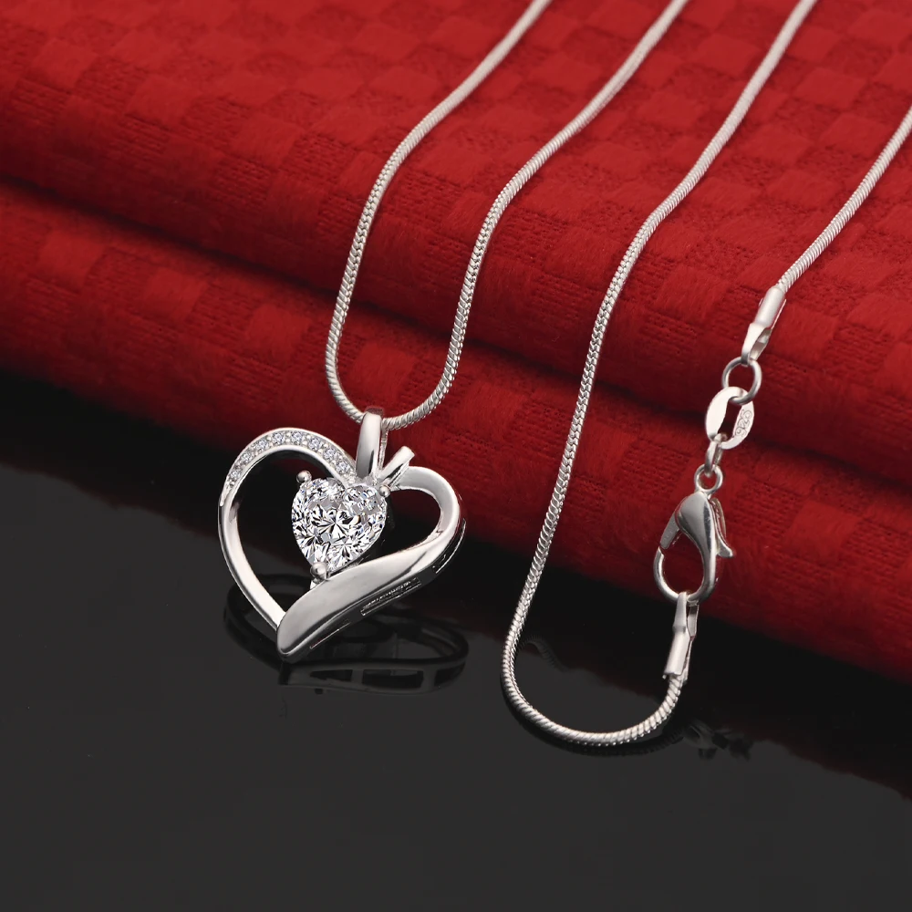 

AGLOVER 925 Sterling Silver Heart Inlaid Diamond Zircon Pendant Necklace Daily Accessories Women'S Simple And Elegant Jewelry