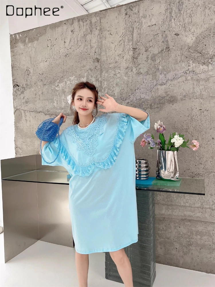 

Women's Korean-Style Loose Mid-Length Short-Sleeved T-shirt 2023 Summer Casual French Lace Stitching Solid Color Dress Female
