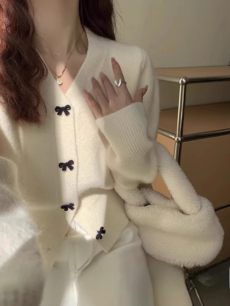 

Loose V-ne Knitted Sweater Women's Faion Knot Open Cardigan Top White Autumn Winter Sle Korean Version