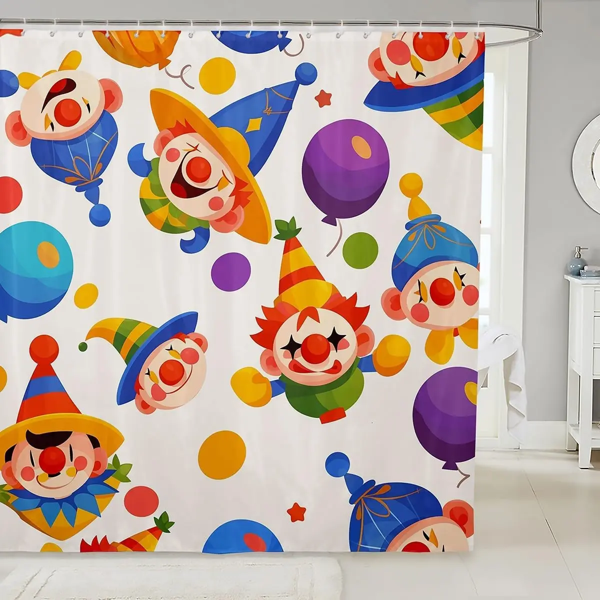 

Cartoon Clown Shower Curtain Funny Circus Bathroom Curtain for Kids Boys Girls, Rainbow Polka Dots Bath Curtain Colorful Balloon