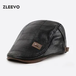 Fashion Brand Peaked Cap Men Classic PU Leather Hat Gents  Velvet Thermal Beret Male Winter Autumn Outdoor Warm Forward Hat