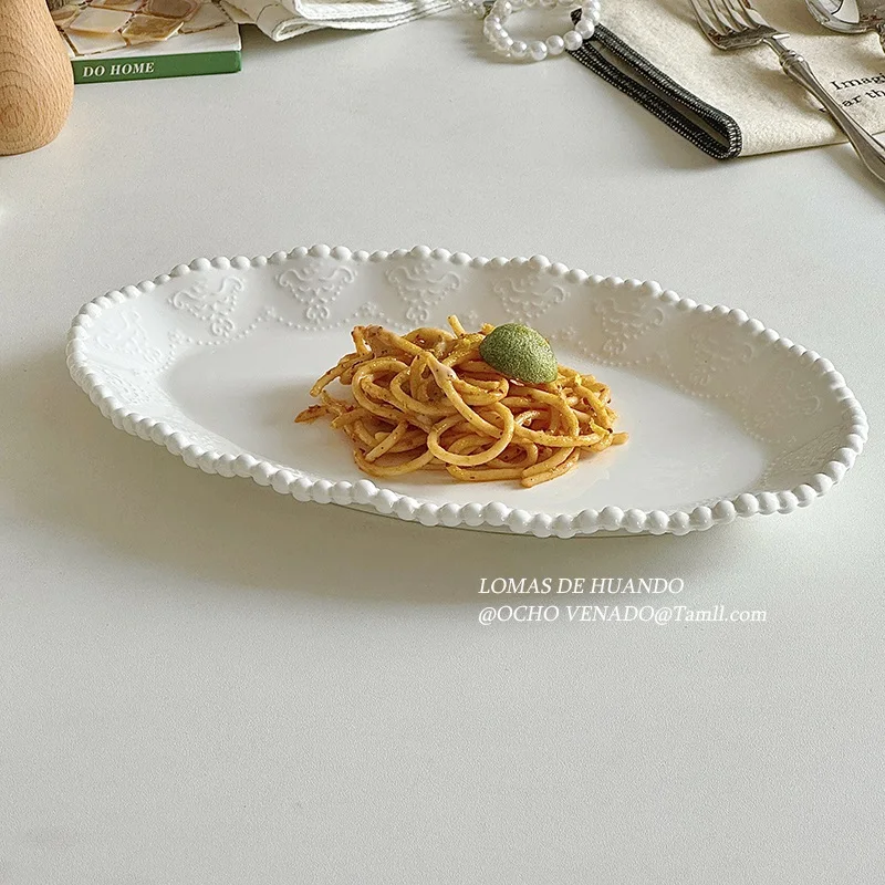 French Style Flower Relief Ceramic Plate 10 Inch Oval Shape High Aesthetic Pasta Dishes White Dot Rim Exquisite Fish Plate