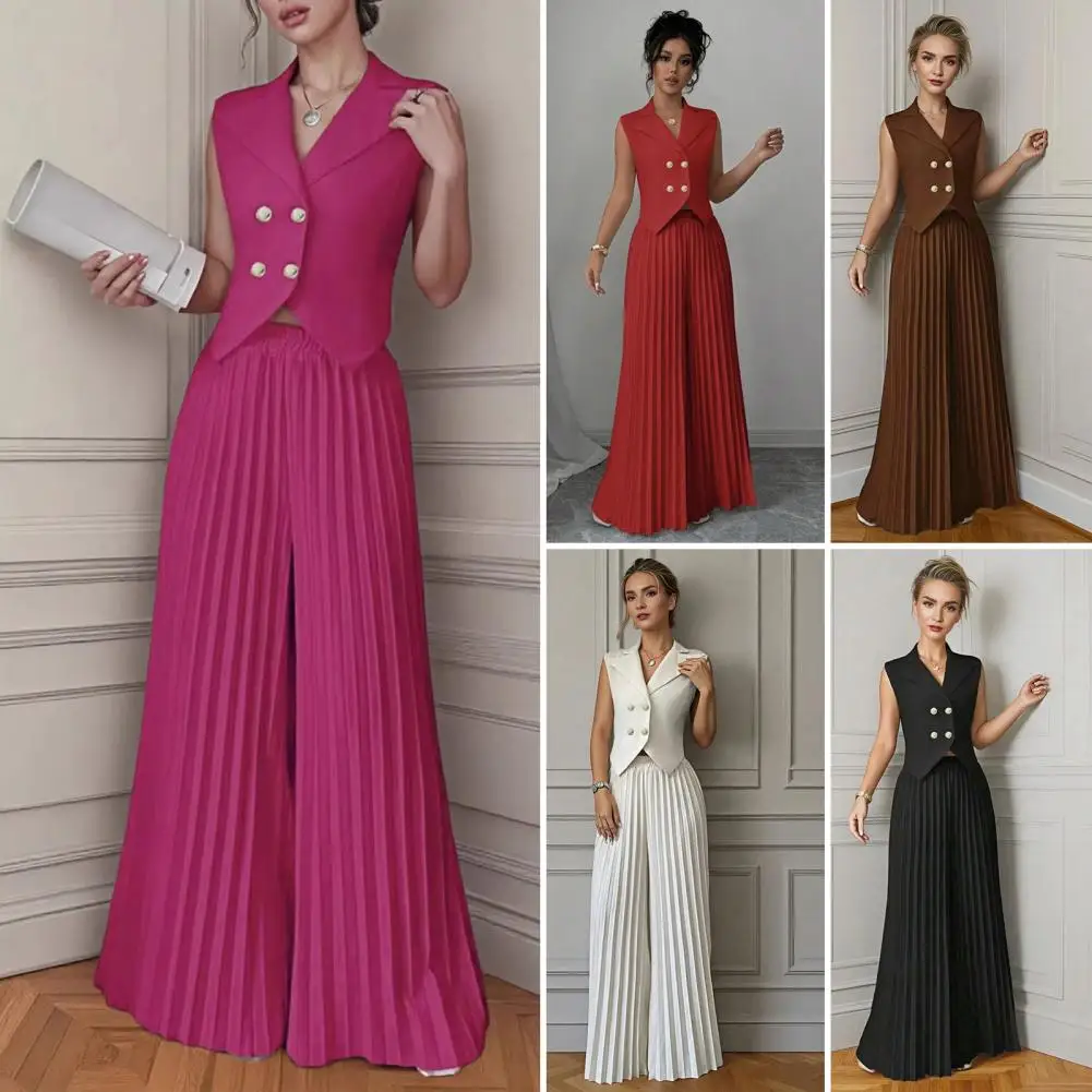 

Женский костюм, комплект из полиэстера, женский комплект из 2-х предметов, жилет, деловой наряд, укороченный пиджак на пуговицах, жилет с широкими штанинами, плиссированные брюки