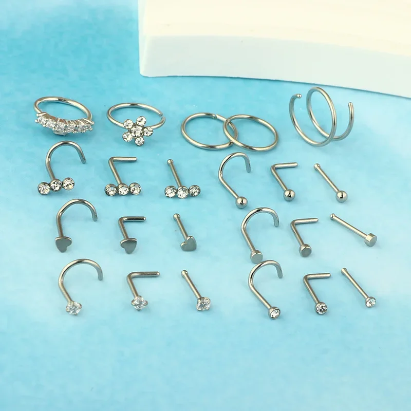 Stainless Steel Heart L Shape Nose Rings And Studs Set Indian Nose Piercing Stud Set Nostril Pin Crystal Cute Nose Studs Jewelry