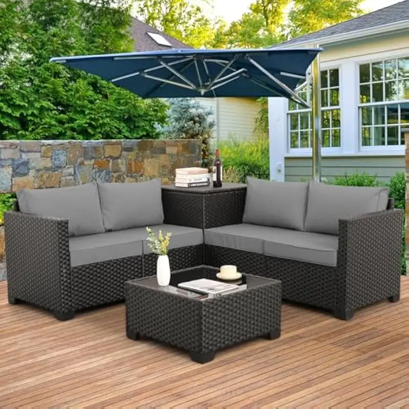 4-Piece Modern Outdoor Lounge Set Featuring Rust-Resistant Steel Frame Resin Wicker Sofa Loveseat Storage Box Glass-Top Table Gr