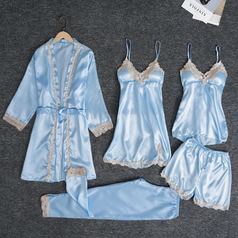 5 Piece Pajama Set Silky Satin Lace Patchwork Women\'s Pajamas Set with Top Shorts Pants Loose Lace-up Waist Sleepwear for Women