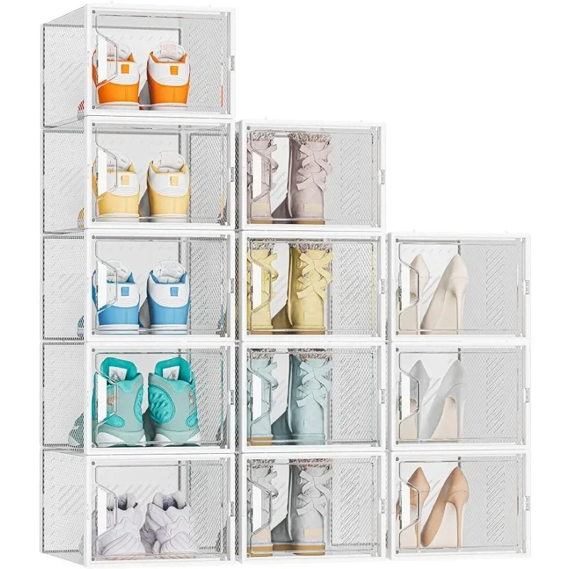 Shoe Organizer, 12 Pack Shoe Storage Organizer for Closet, Boxes Clear Plastic Stackable  Storage Boxes for Size