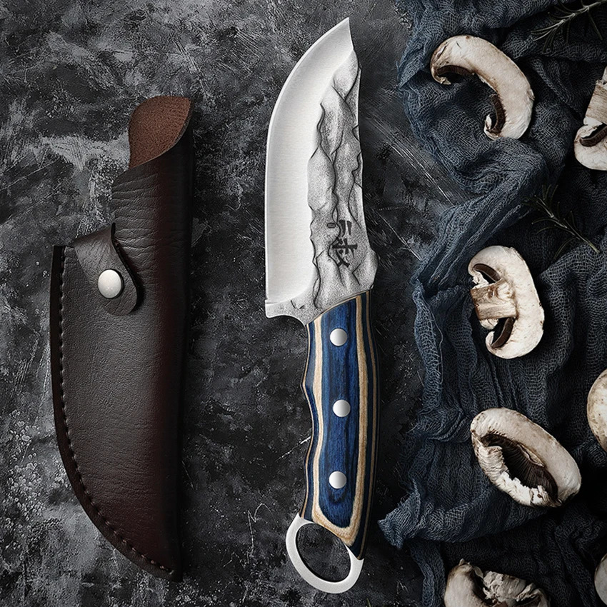 WXCOO Butcher Knife Meat Cleaver Kitchen Boning Knife Forged Hammer Pattern Stainless Steel Cookware Wooden-handled