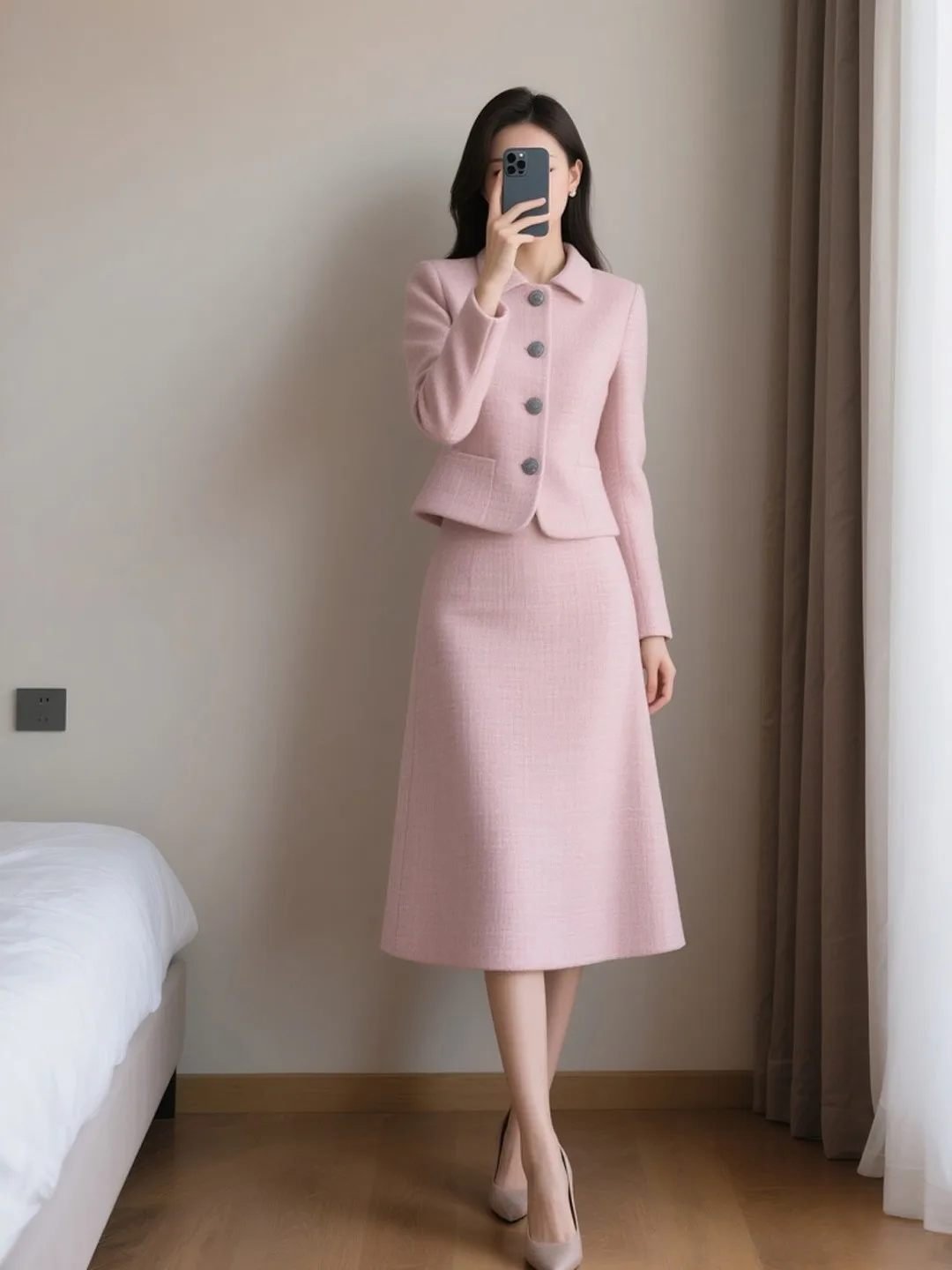 

Женский осенне-зимний комплект из двух предметов: мягкая верхняя одежда и юбка миди для повседневного стиля и офиса. Модный женский наряд.