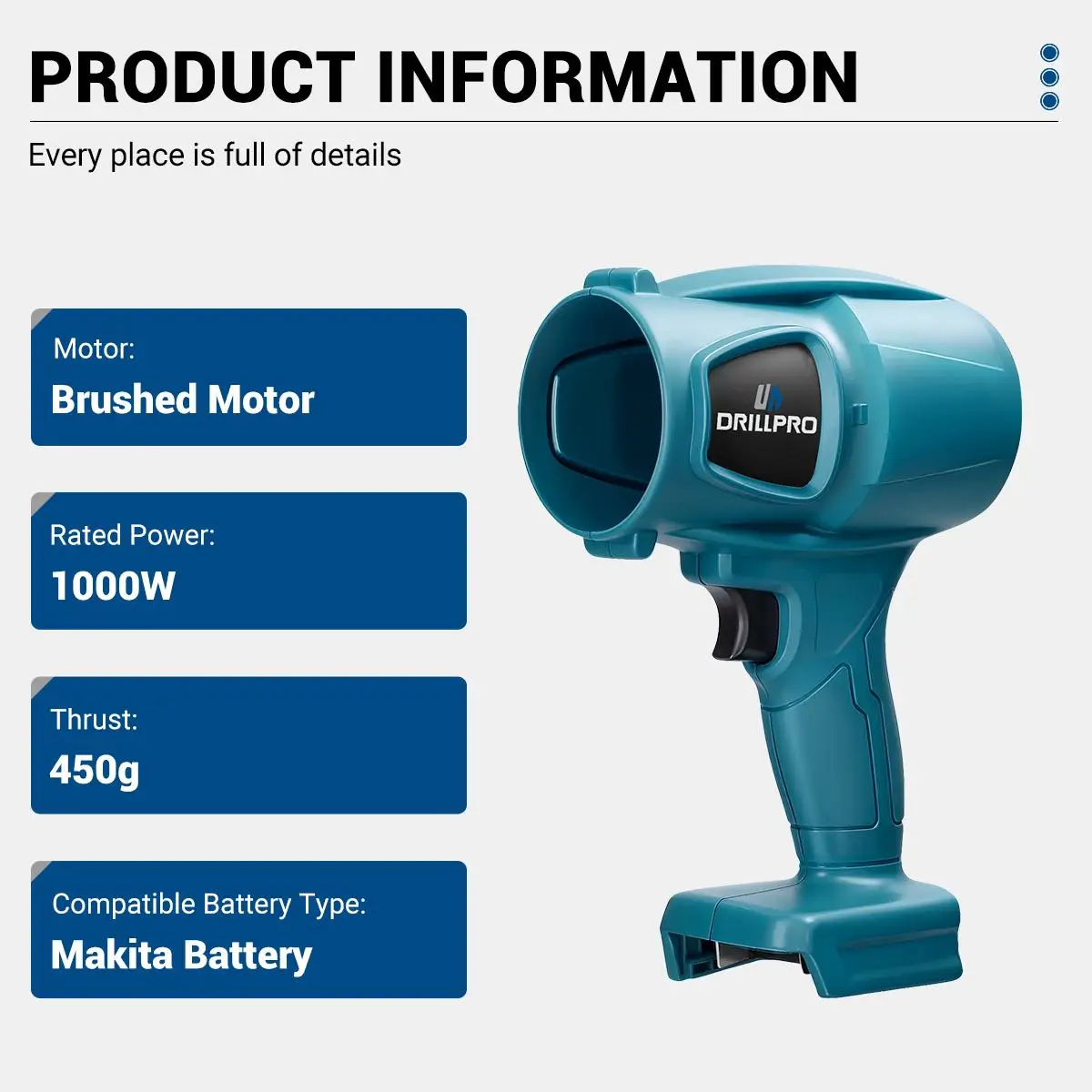 Drillpro Electric Turbo Fan 1000W spazzolato Air Blower asciugacapelli portatile polvere di foglie Snow Jet Fan Power Tool per batteria Makita