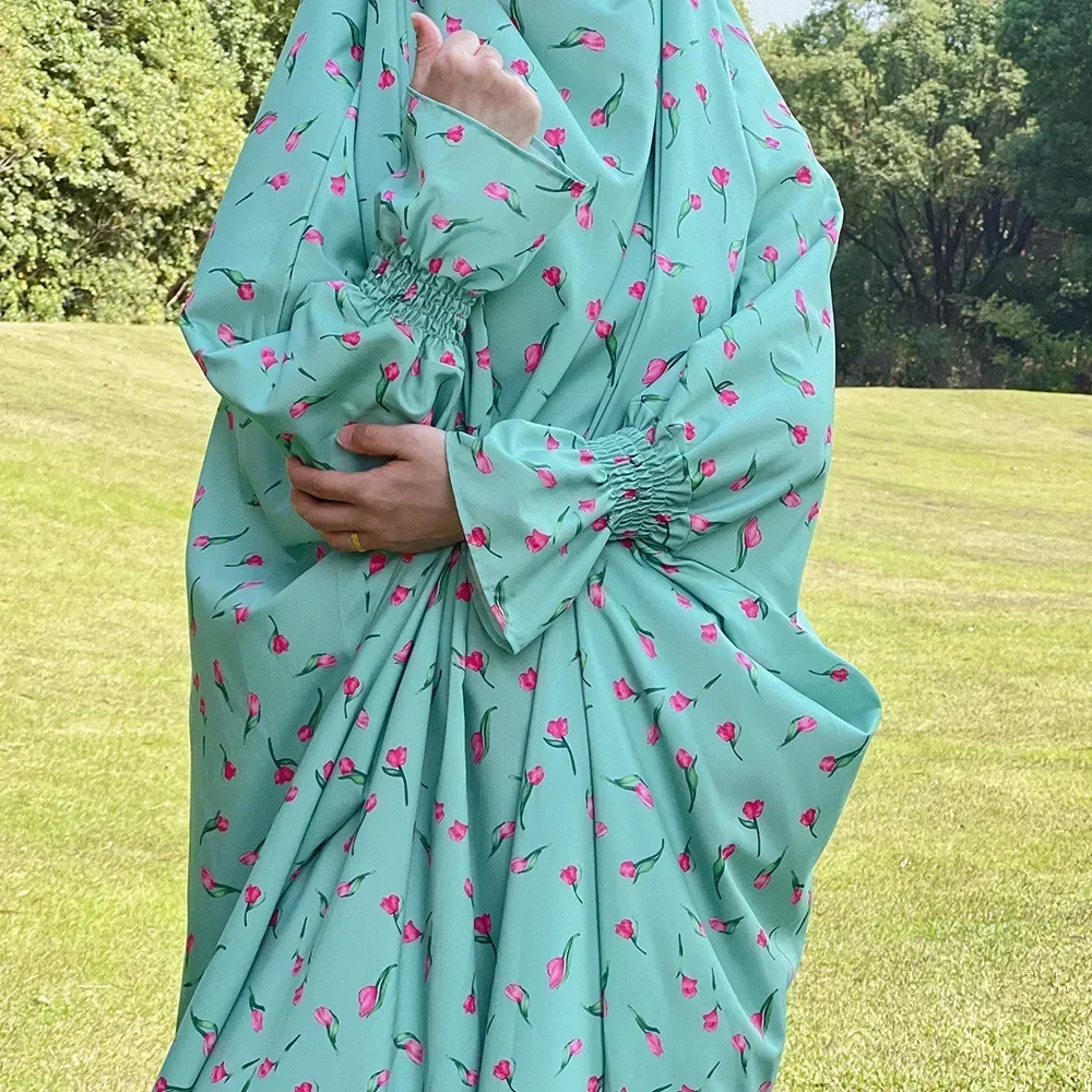 Jilbab for Women One Piece Prayer Dress Printed Muslim Abaya with Integrated Veil Hijab Ramadan Islamic Clothes Dubai Djellaba