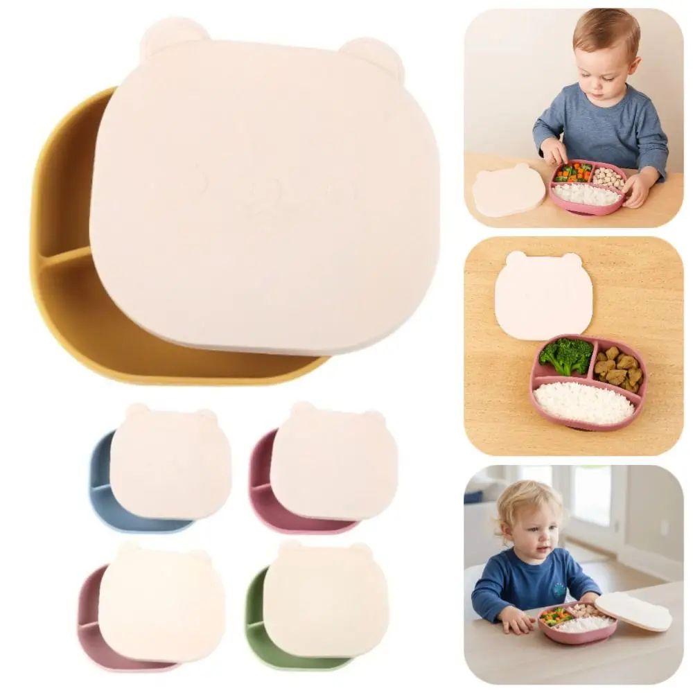 

Cartoon Bear Baby Weaning Dishes BPA-Free Portable Baby Silicone Sucker Plate Anti-Slip Easy Clean Divided Dinner Plate