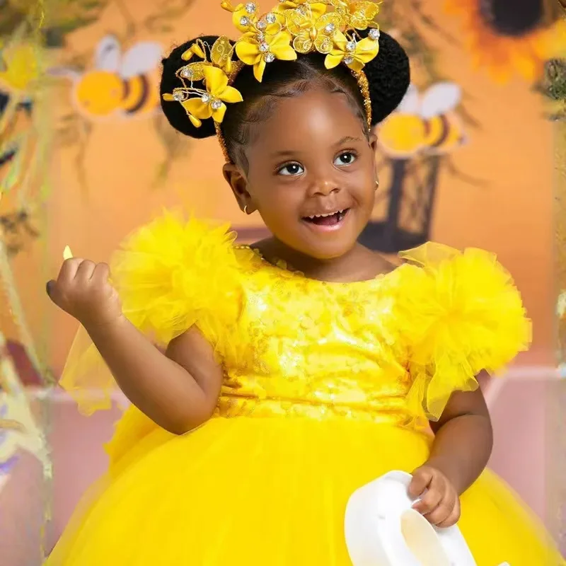 Yellow Flower Girl Dress Short-sleeved Princess Dress Festival Multi-layer Cake Veil Dress Girls' One-year-old Piano Dress