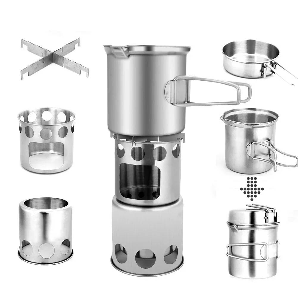 

Outdoor 304 Stainless Steel Camping Set Pot Camping Cooker Stainless Steel Pot Wood Stove New