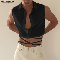 INCERUN Men Shirt Lapel Sleeveless Solid Button Down Lace Up Backless Crop Tops Men Streetwear 2024 Sexy Fashion Camisas S-5XL