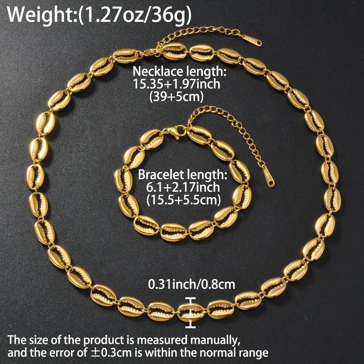 Gold Plated Stainless Steel Shell Necklace Bracelet Set