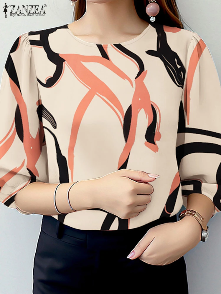 2025 ZANZEA Blusas de verano para mujer, Tops estampados, Túnica elegante con cuello redondo, Camisa de trabajo de manga 3/4, Blusas informales para vacaciones, camisa de gran tamaño