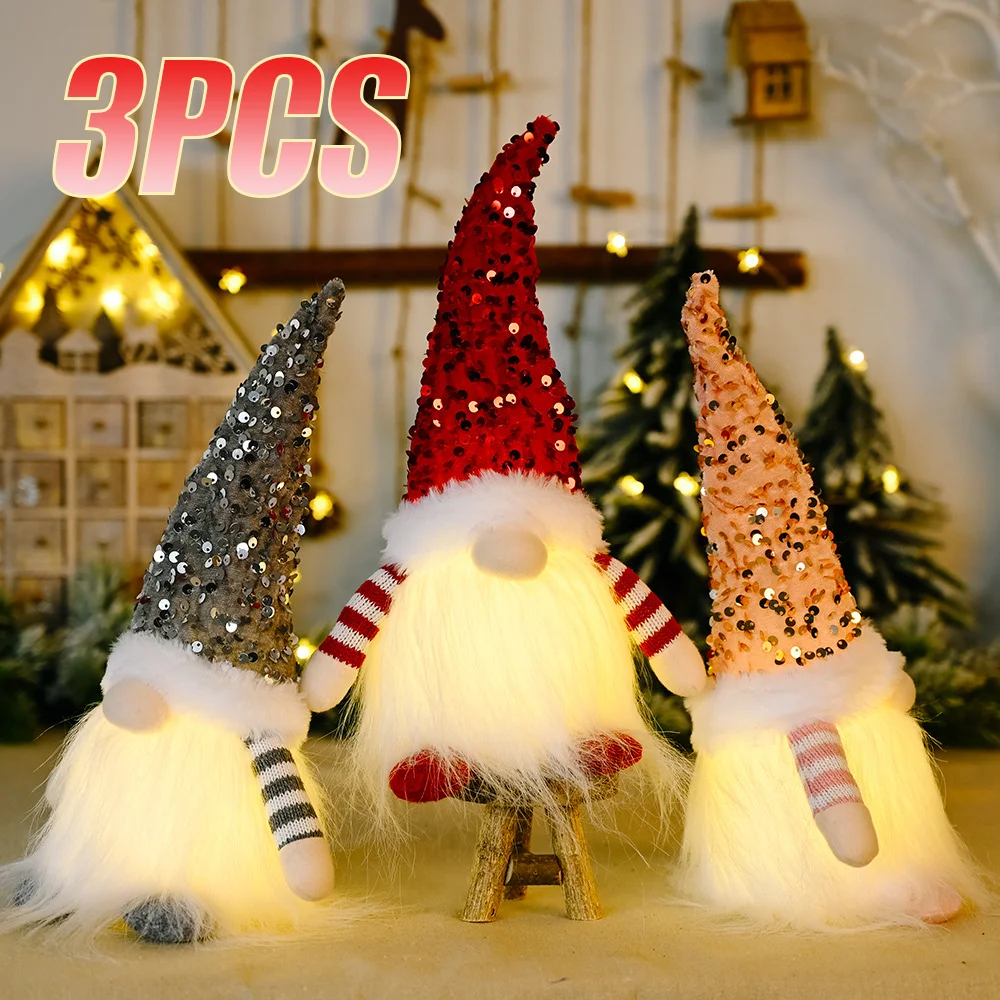 3PCS Christmas Dwarf Christmas Sequins With Lights Rudolph Doll Christmas Desktop Decoration Light Up Faceless Doll Ornament