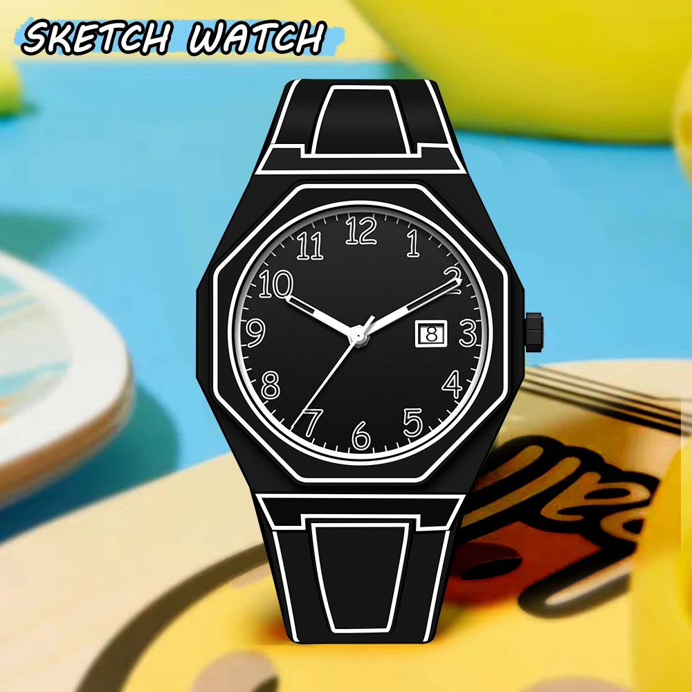2026preselModern Simple Sketch Creative Athleisure Watch Creative Design Octagonal Waterproof Watch Comic Style Electronic Watch