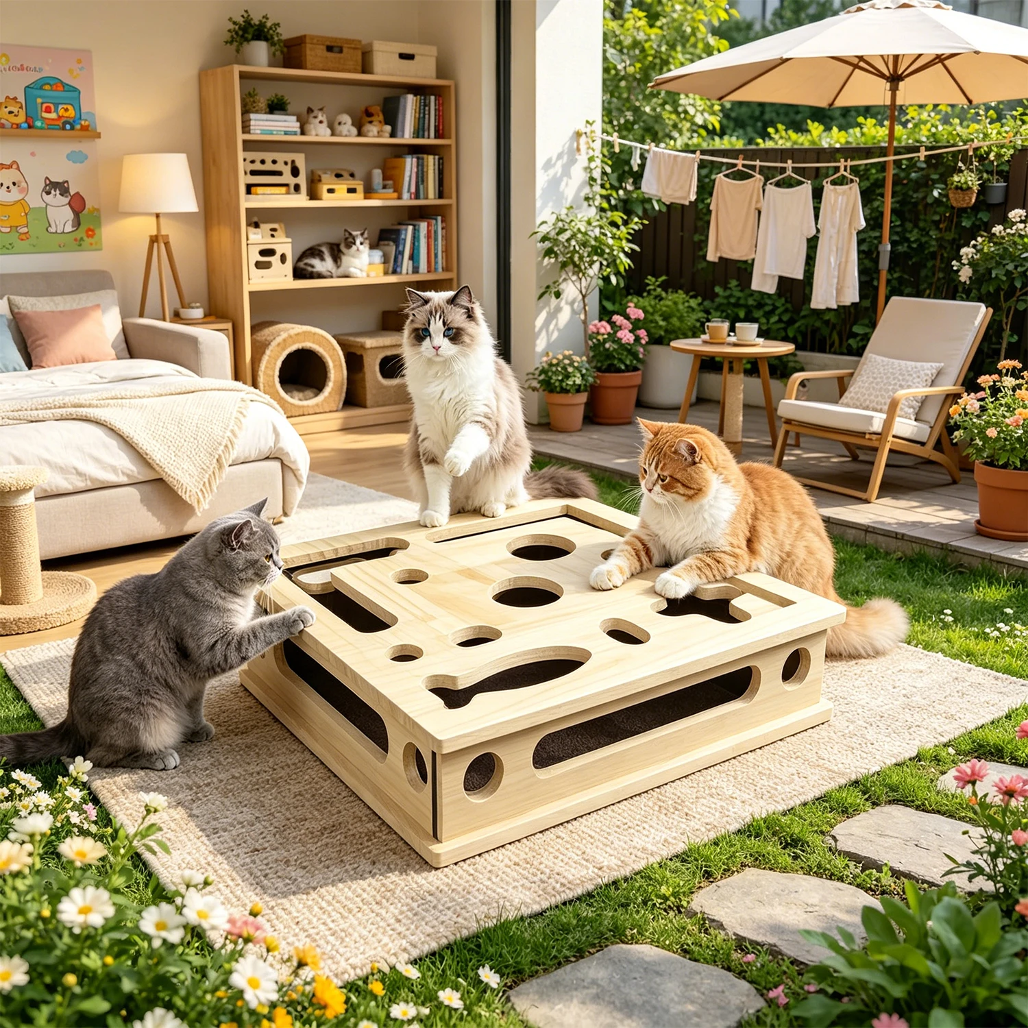 Cat Wooden Scratching Toys Nail File Scratch Enrichment Maze Tunnel Style Digging Box Toys Interactive Scratching Posts Indoor