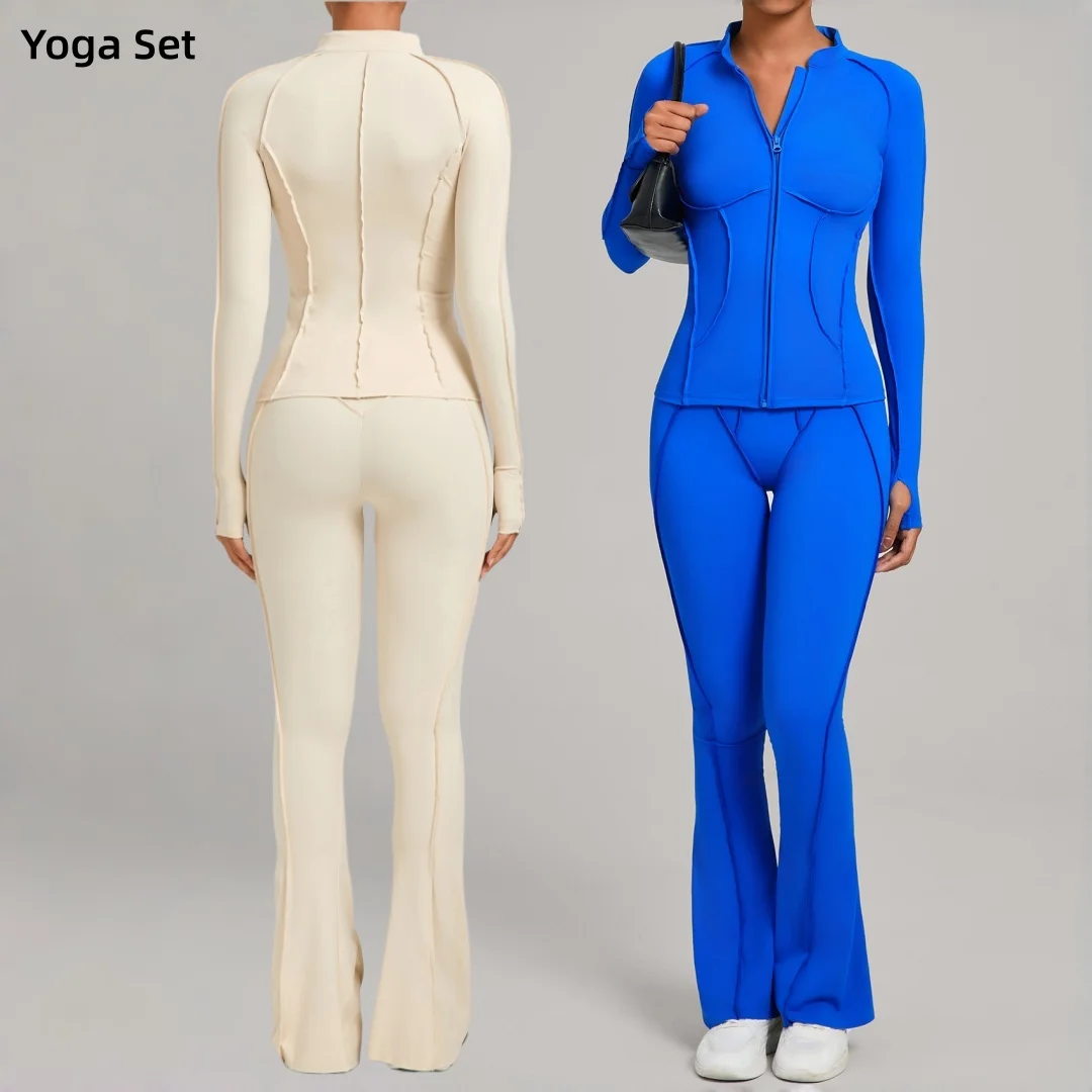 

2PCS Women's Yoga Set High Waist Hip Lift Zipper Jacket Straight Leg Pants Fitness Suit Casual Running Workout Gym Tracksuit