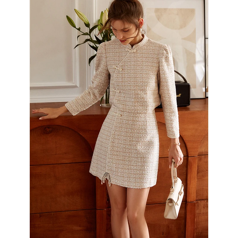 OLrain 2026 Autumn Women Chinese Style Tweed Short Jacket Long Sleeve Elegant Luxury Fashion Daily Outer Coat O21QW53182 view 4