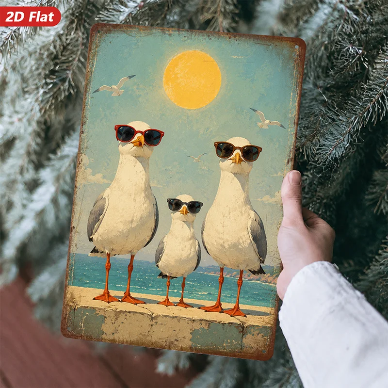 2D Flat, 1pc Metal Sign Wall Art, Cute Seagulls Artwork, Sunglasses Design, Coastal Style, Home Decor