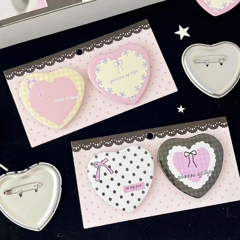 2pcs/set Cute Heart Shape Pins Sweet Bow Polka Dot Plaid Heart Kawaii Badges for Backpack Clothing Shcool Bag Pencil Case Decor
