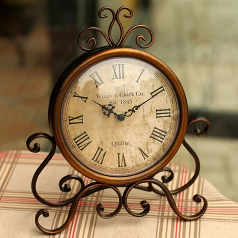 

TQH Vintage Retro Iron Ornament Battery Operated Silent Table Clock Home Bedroom Living Room Office Decor