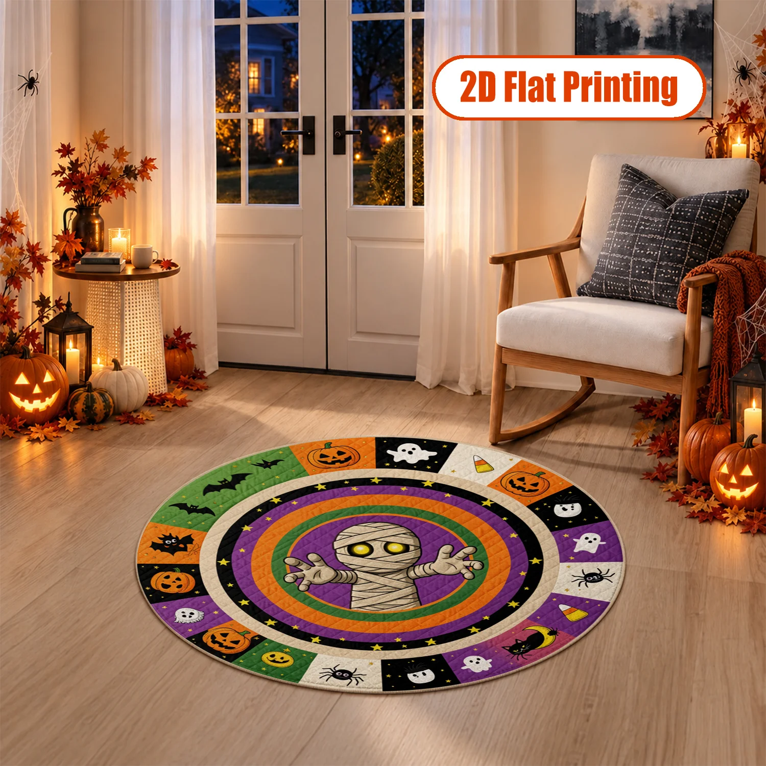 Halloween Mummy Pumpkin Ghost Bat Spider Pattern Round Velvet Rug Machine Washable for Living Room Bedroom Entryway Dining Area Halloween Thanksgiving Black Friday Cyber Monday Christmas New Year