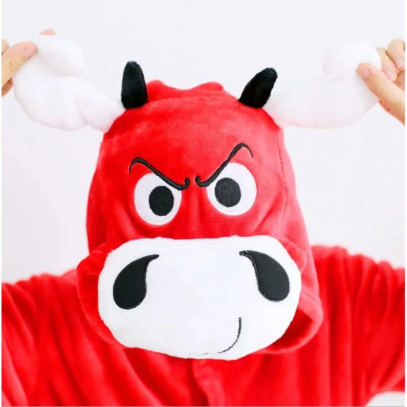 2025 New Kigurumi Winter New Red Bull Onesies Costume For Women Pyjama Pajamas Flannel Hooded Clothing Home Animal Onesie ☆ ☆ ☆