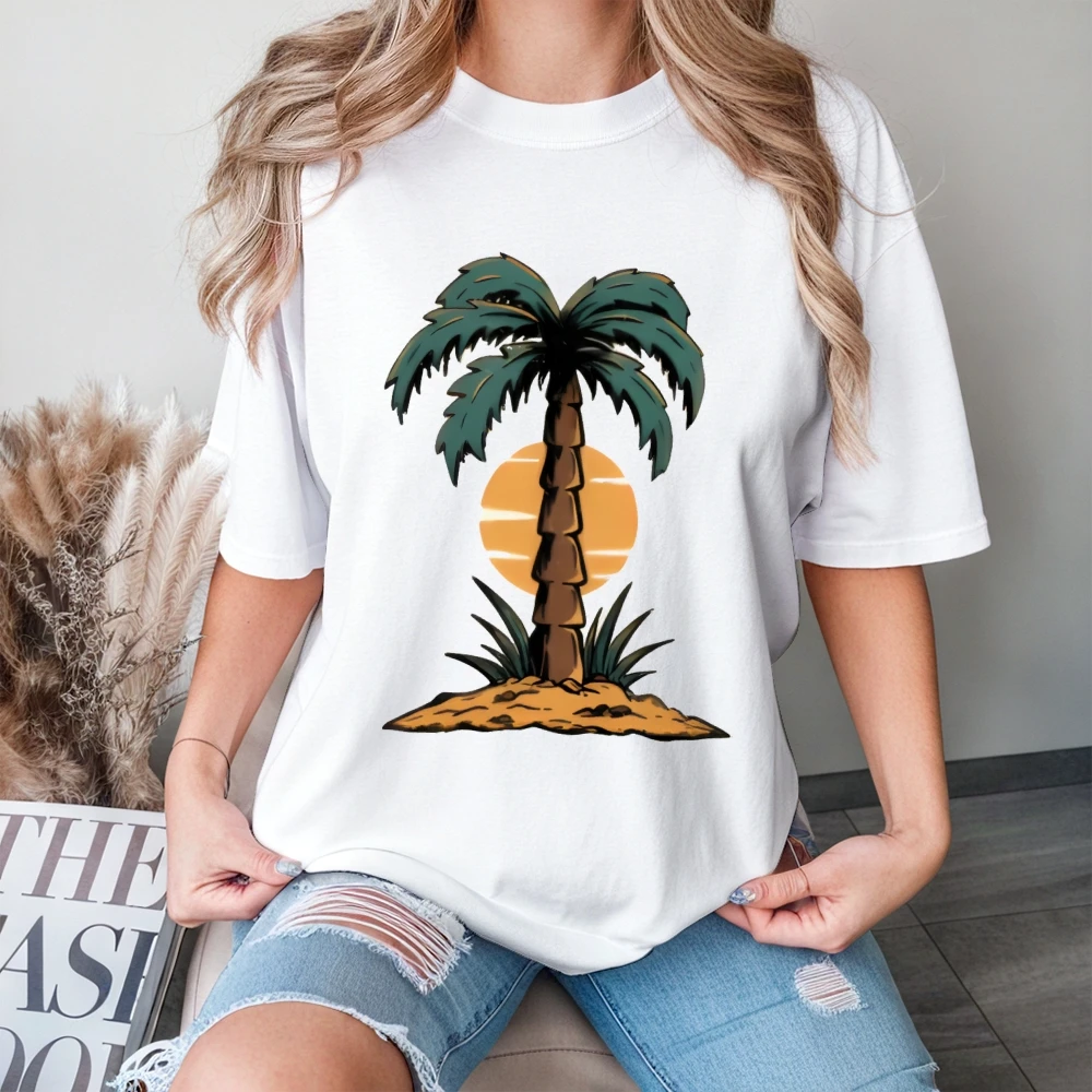 Sunset Palm Island Tee White T Shirt Tropical Tree Sunset Graphic Casual Loose Short Sleeved Vacation Style Comfortable Top