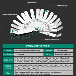 Metric 0.127-0.508mm Feeler Thickness Gauge 16 Blades 0.005-0.020 Inch Gap Filler Gauge Measurement for Engine Valve Adjustment