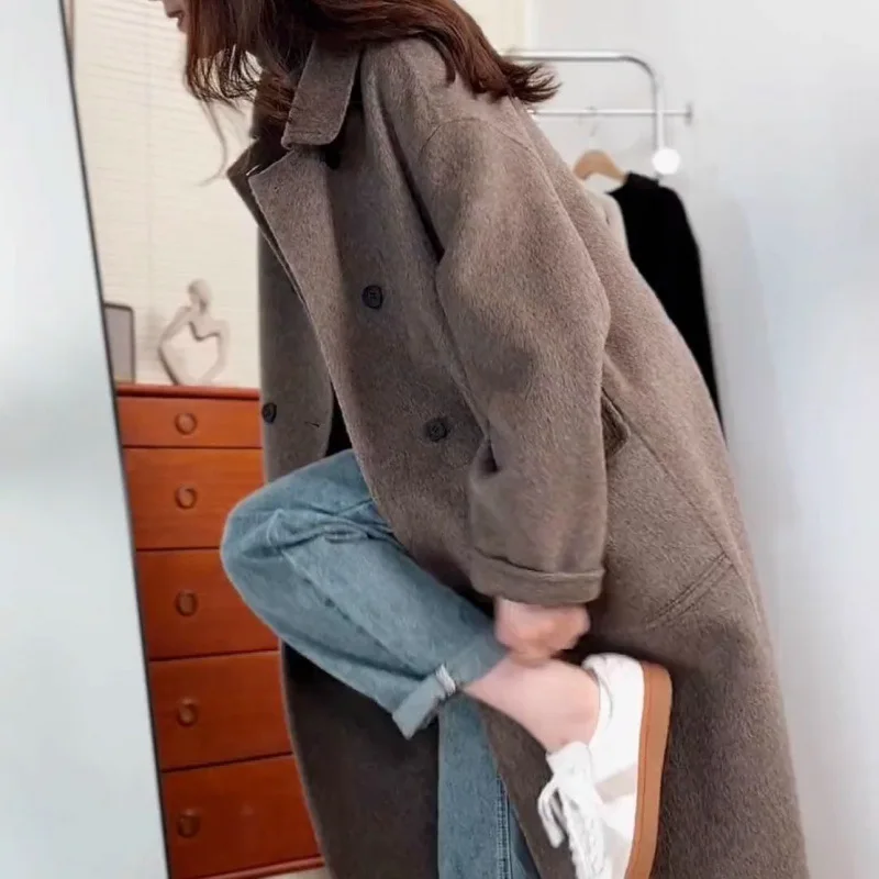 

Oatmeal double-sided cashmere coat for women's new autumn and winter Hepburn style medium and long woolen coat Korean