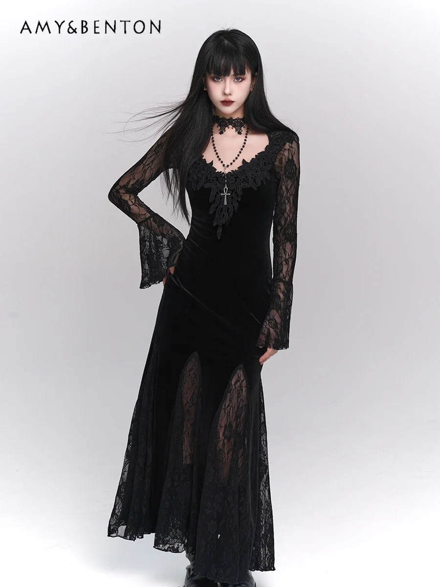 

Subculture Goth Lace Print Long Sleeve Velvet Fishtail Dress Women Street Punk Style Sexy Party Dress Cosplay Halloween Dresses