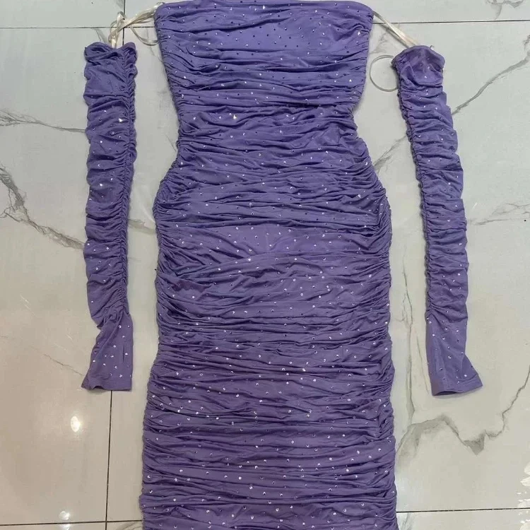 

2024 Purple Slim Sexy Diamonds Pressed Long Sleeve Package Hip Tube Pleat Fashion Collection Women Ankle Length Dress