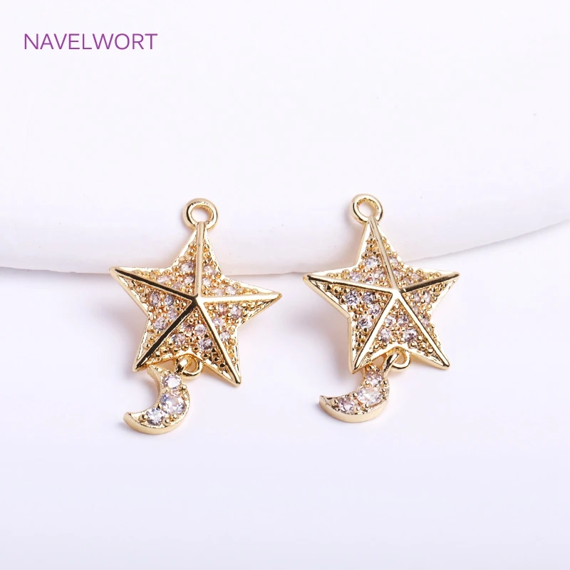 14K Gold Plated Pentagram And Mini Moon Charms For Jewelry Making Brass Metal Inlaid Zircon Five Point Star Pendants Wholesale