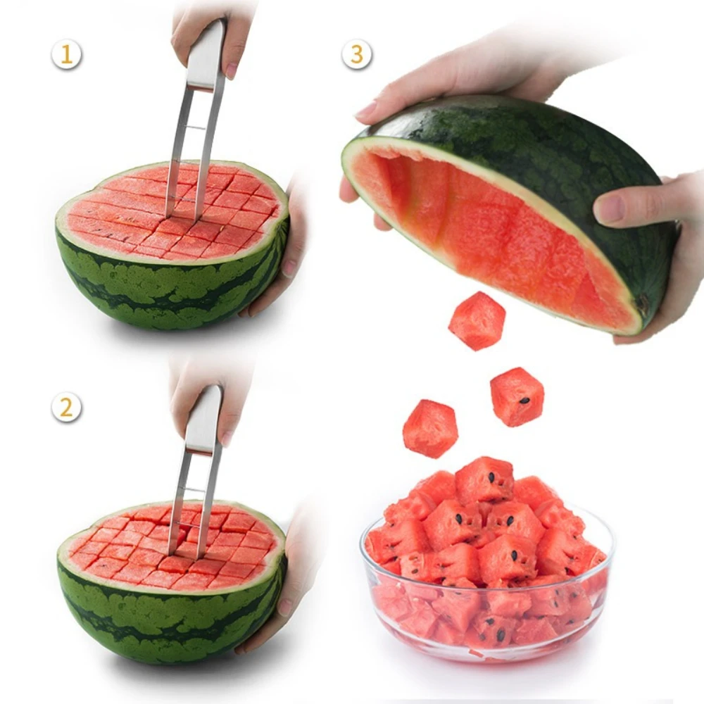 Stainless Steel Watermelon Cutter Slicer Watermelon Cube Cutter Fork 2 in 1 Kitchen Gadget Fruit Cutting Tool for Watermelon